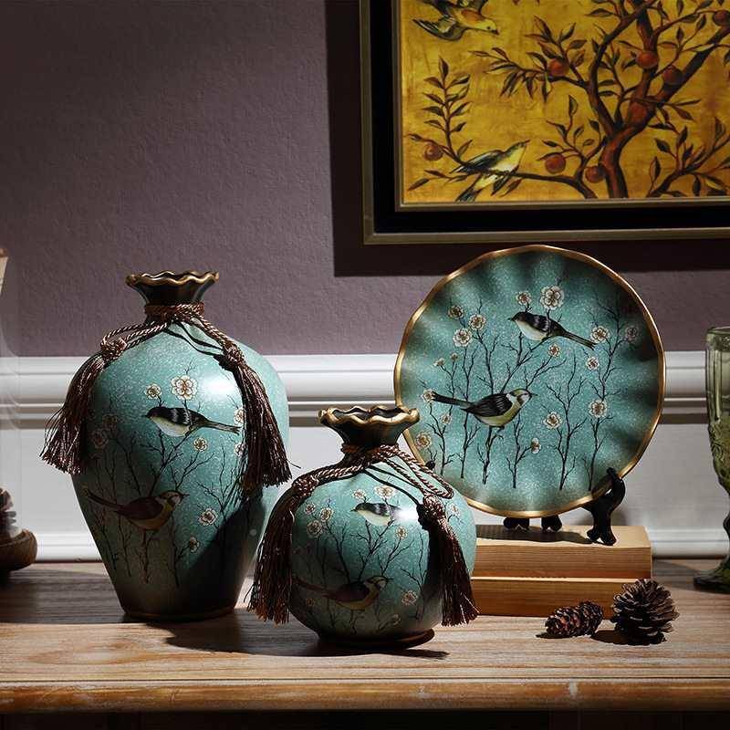 美式复古陶瓷花瓶三套花摆XSW古件件客厅酒柜装饰插品博架玄关摆