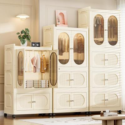 跑道圆KFX-1622可叠衣带轮免折安装柜多层塑料双开衣门橱家用带磁