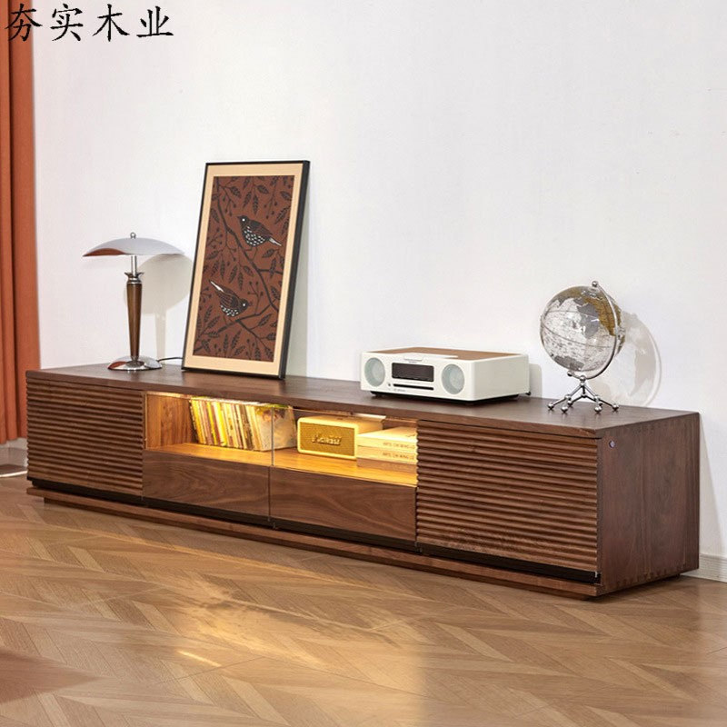 北美黑胡桃木电视柜全实木带灯客厅落地柜北欧白橡木简约落地柜