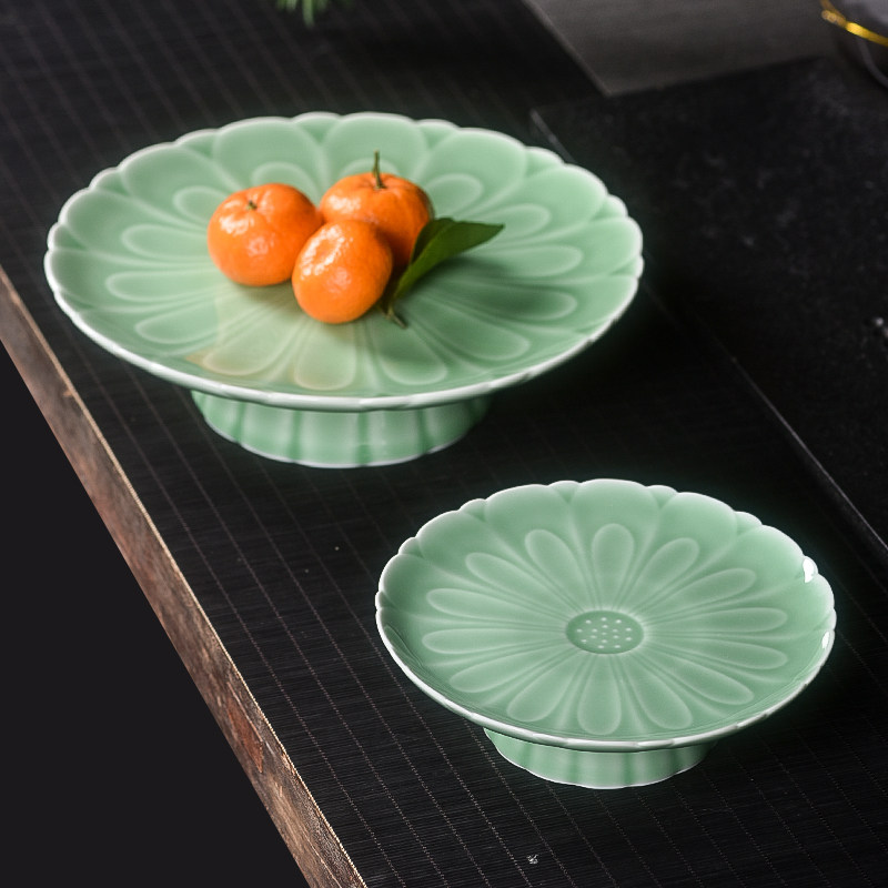 青瓷莲花水果盘家用点心零食茶点盘中式高脚果盘供盘干果贡盘摆件