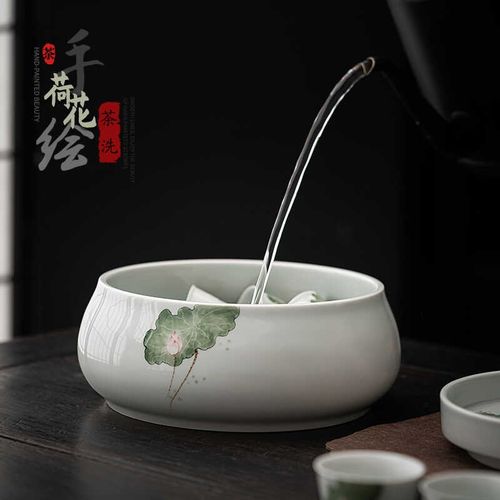白瓷手绘陶瓷大茶洗茶渣缸家用功夫茶具配件桌面废水垃圾桶烟缸
