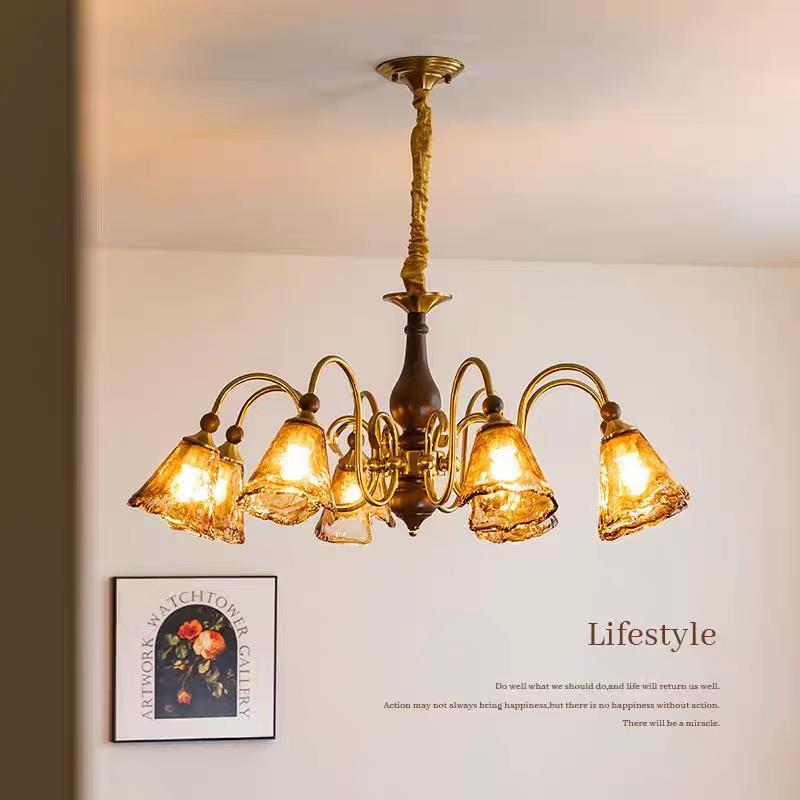 法式中中古客厅吊灯新款美拉德古实木主卧室餐灯厅玻复璃387山灯