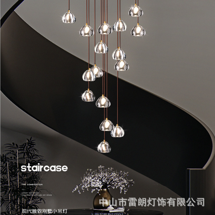 旋转楼梯间长吊灯后现代樱桃水晶复式loft别墅挑空大客厅全铜吊灯