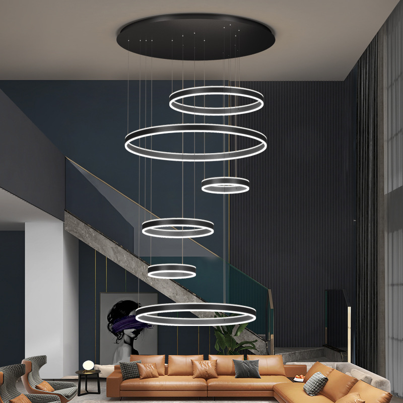 复式楼大吊灯客厅灯不锈钢轻奢别墅楼梯间酒店圆环形餐厅北欧灯具