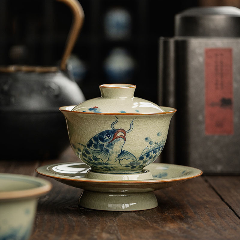 德化陶瓷单个盖碗老陶泥复古手绘三才盖碗泡茶套装家用茶杯茶器