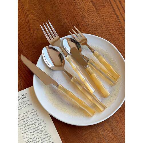 北欧风猫眼设计师竹节餐具高档刀叉勺家用高颜值西餐牛排刀叉套装