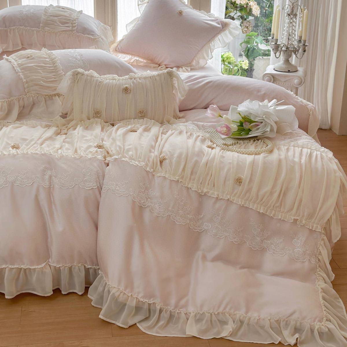 兰天丝精四BWT套韩边式凉感冰丝双人粉色绿件色花浪漫春夏被套床