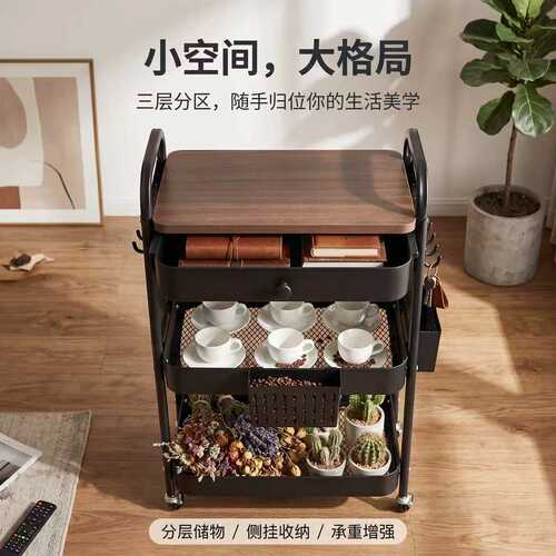 多功能分层储物推车带桌面抽屉侧挂钩客厅书房可移动收纳置物架