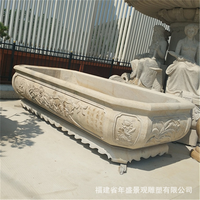 庭院仿古石雕鱼缸长方形雕花摆件