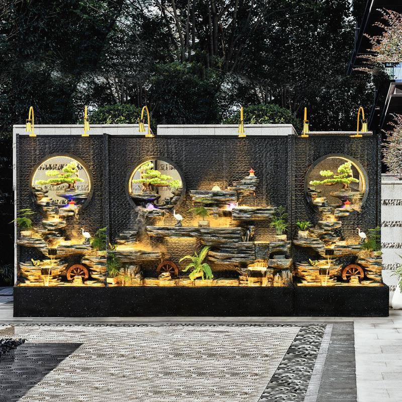 假山循环水件水幕墙流水屏水风景观摆客厅庭院花园布置JRX景地落