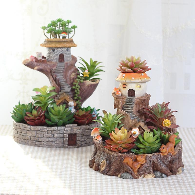 如果居家创意zAL-55926肉aka大号树脂k童年树屋花盆园艺多盆栽摆