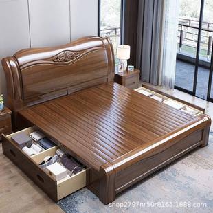 胡木全实木床中式 床工 .85米双人大床代简约现主卧储1物婚桃9008