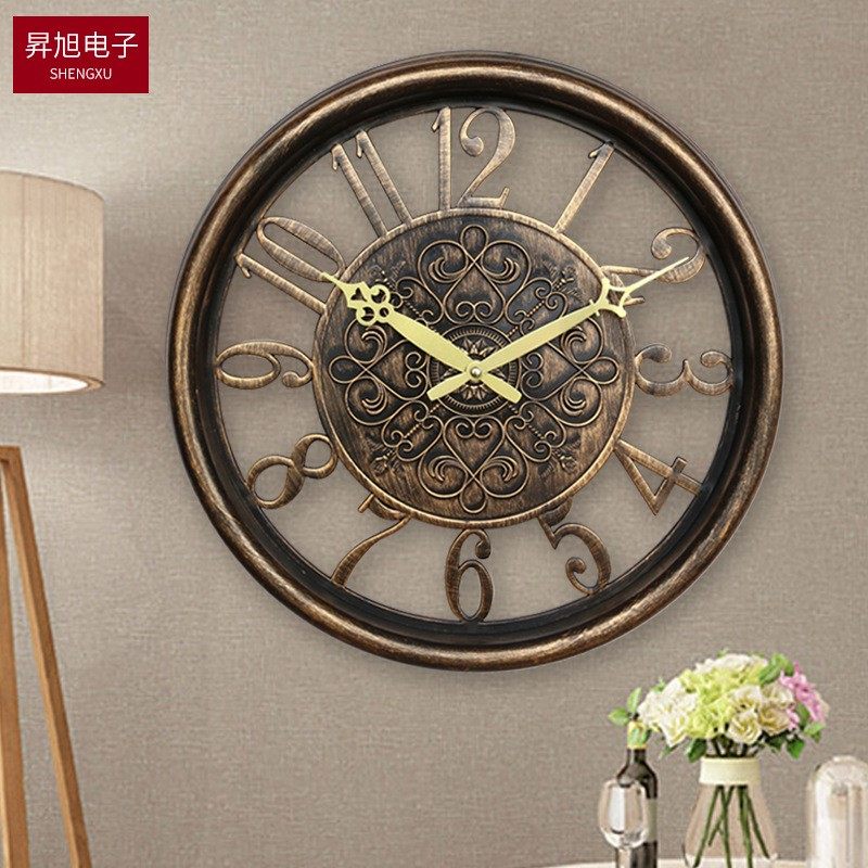 创意电子挂钟静音机芯客厅卧室时钟欧式风格15寸圆形挂钟仿古单面