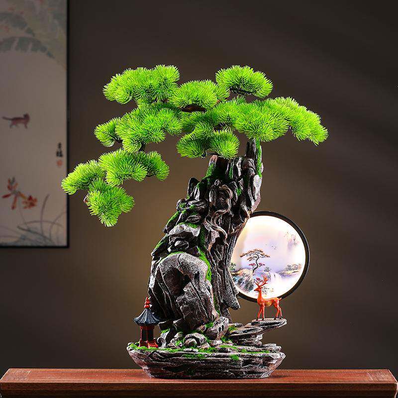 新中式仿真迎客松摆件盆景盆栽绿植物假树创意玄关酒店装饰品软装