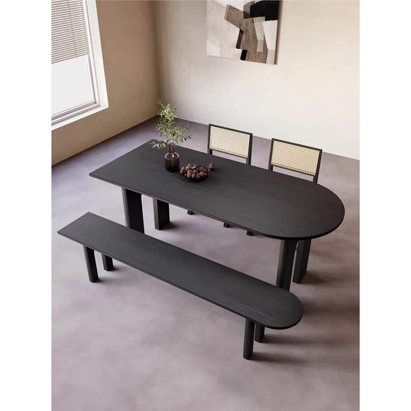 黑色实木餐桌家用原木饭桌民宿客厅圆弧白蜡木长条桌茶桌椭圆形