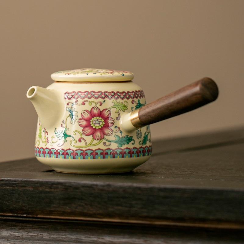 米黄汝窑侧把功夫陶瓷茶壶泡茶壶器家用开片可养茶具喝茶单壶中式