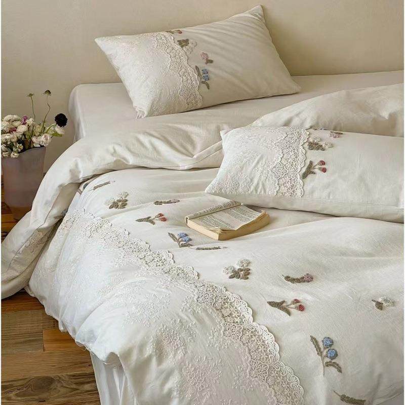 温澜夏花︱法式蕾丝毛巾绣花朵棉麻四件套纯棉亚麻混纺被套床用品