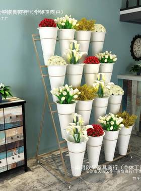 金色大号花店23976花架可移料示铁艺多层鲜花展架塑花桶架动子其