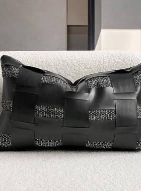 现皮代简约样板间靠沙发靠垫黑色OMY小镂肌理空革枕腰靠民宿酒店