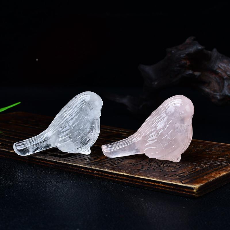 然粉晶原石小LGV鸟件白水晶麻天雀原石刻家居客厅雕办公桌装摆饰
