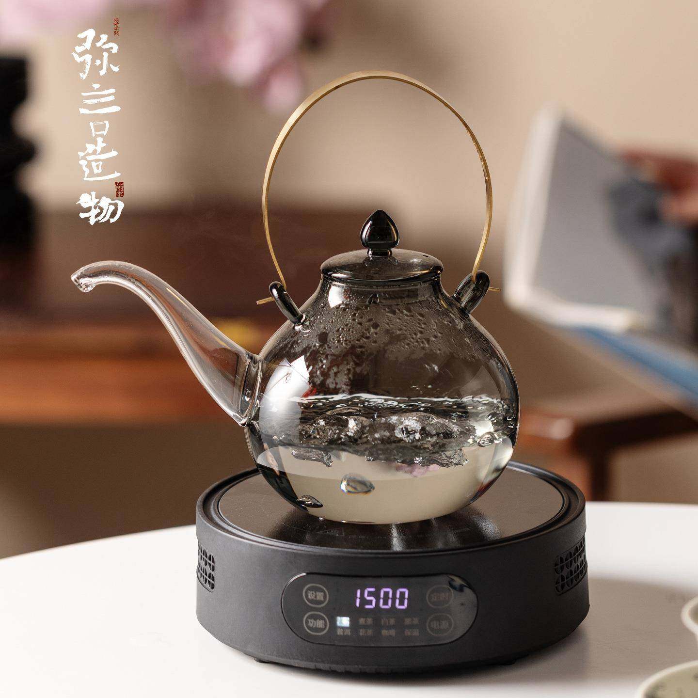 弥言耐热高硼硅玻璃煮茶壶家用泡茶煮水壶创意长嘴铜提梁壶烧水壶