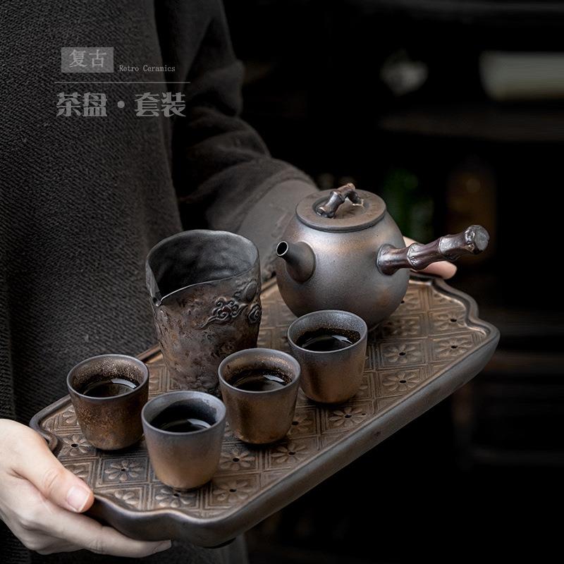 遇素复古窑变茶具套装家用仿古茶壶茶杯带茶盘整套客厅泡茶小套组