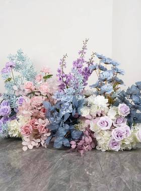 玫粉红色系婚庆大款地排花成品花排T台路引婚礼花艺蓝色仿真花艺