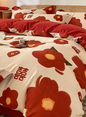 网红花婚庆床上用品四件套结婚喜被大红色新婚被罩婚嫁妆被套床单