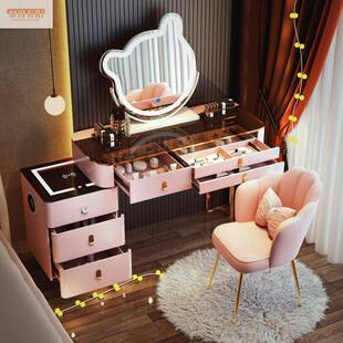 2025新款轻奢粉色梳妆台卧室现代简约高级感网红化妆桌斗柜一体女