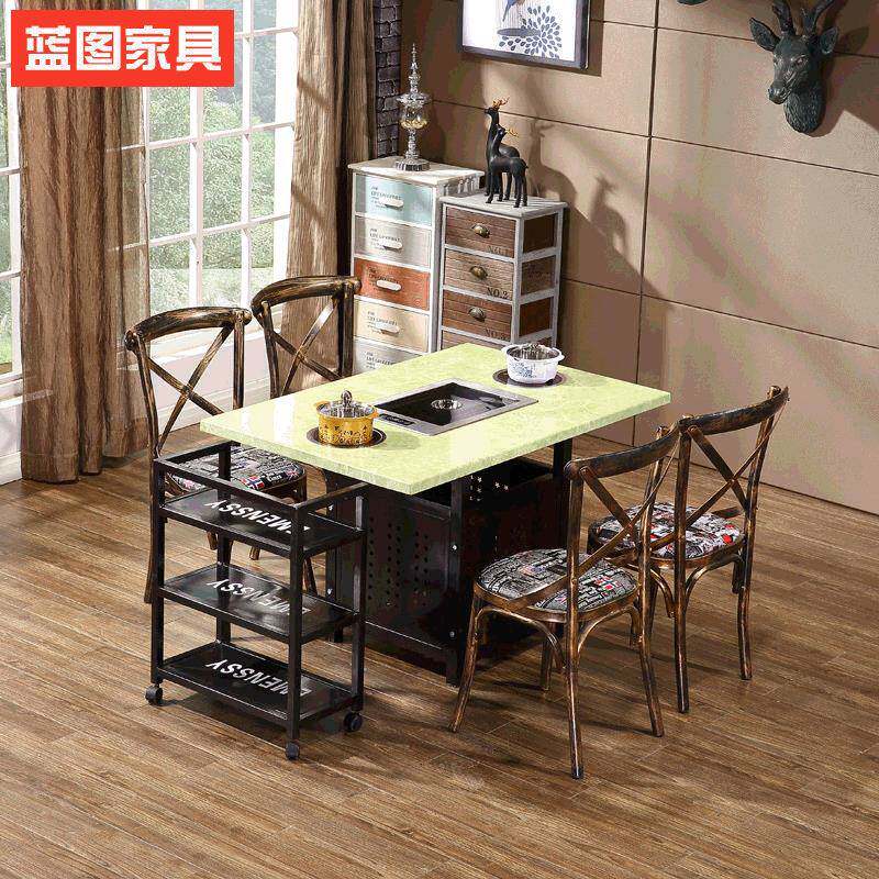 韩式无烟烧烤桌实木大理石火锅店自助餐厅餐桌椅组合餐桌带电磁炉