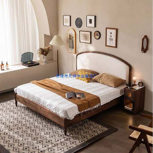 北欧复古黑胡桃木全实木床软包日式樱桃木现代简约主卧双人床婚床