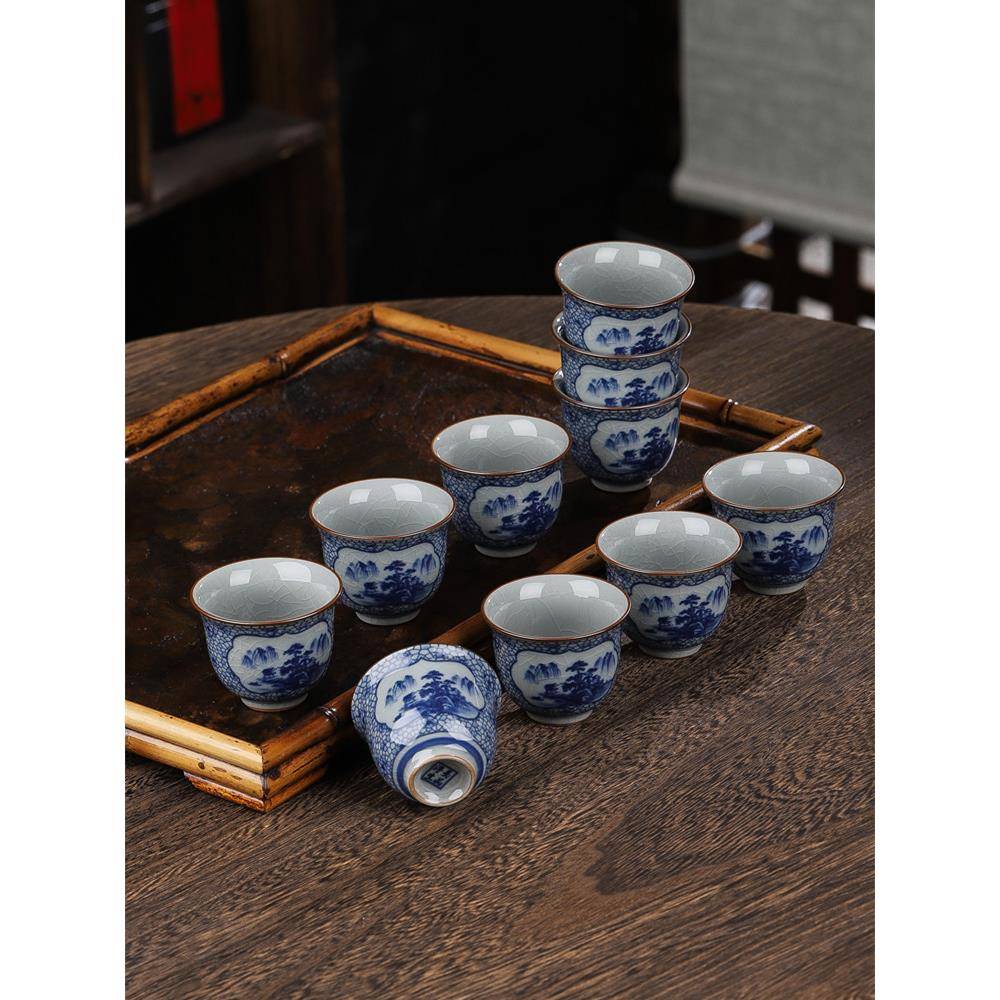 青花瓷茶杯单杯主人杯复古冰裂纹陶瓷茶具茶盏茶碗品茗闻香杯套装