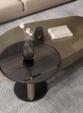 现代简不锈钢异形茶几客厅家意50821式轻圆茶几钢化玻组璃约奢合