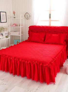 婚大红色公主风床裙四套结婚庆被子件夹棉床床YVW罩款上蕾丝花边