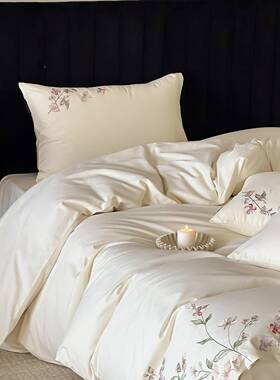 小床清新式田品园风DLA秋冬季全棉磨毛四件套花韩卉刺绣被套上用