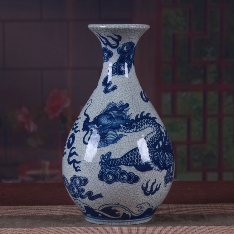 仿古开片裂纹釉青花瓷龙纹玉壶春瓶插花摆件中式复古陶瓷装饰品