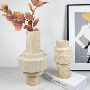 现代极简创意黄洞石花瓶花器软装售楼部客厅餐桌面大理石家居饰品
