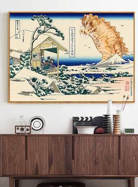 画浮肥猫世绘葛饰北斋餐厅日式装饰神奈KNR川冲浪里富士山海浪挂