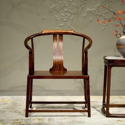 乌木ATU新中式乌金木实木公家太具休金闲椅办桌椅家用简约圈椅师