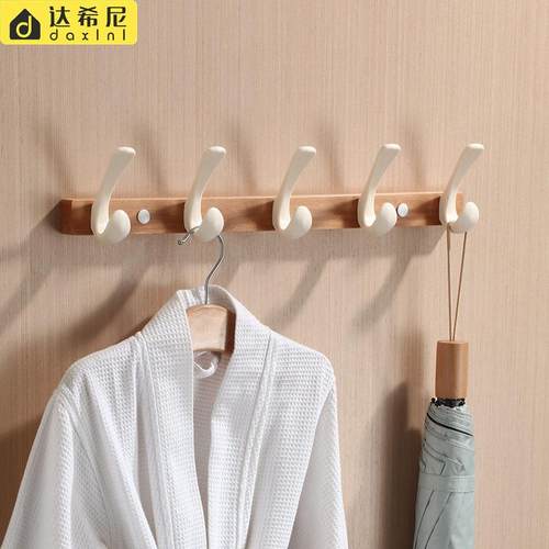 原木风浴室挂衣钩免打孔榉木排钩入户玄关收纳架子卫生间门后挂钩