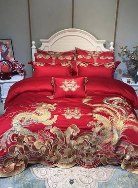 九狐喜婚庆家套纺红色结备婚床上用品100H1084S贡缎提花婚四件百
