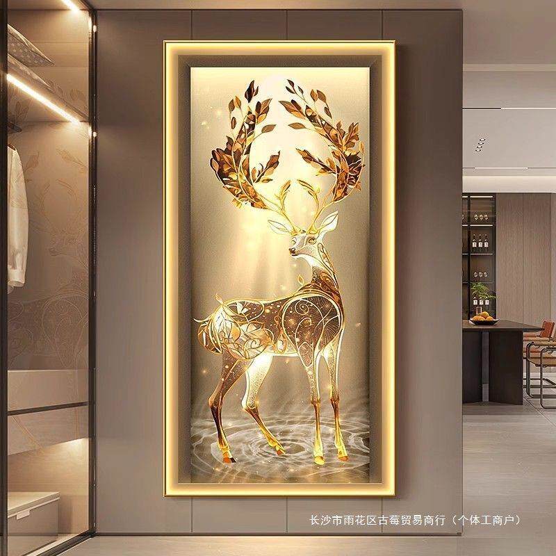 福鹿财进门玄过关生装饰画轻走廊道UBS灯壁画大奢气入户发光挂画