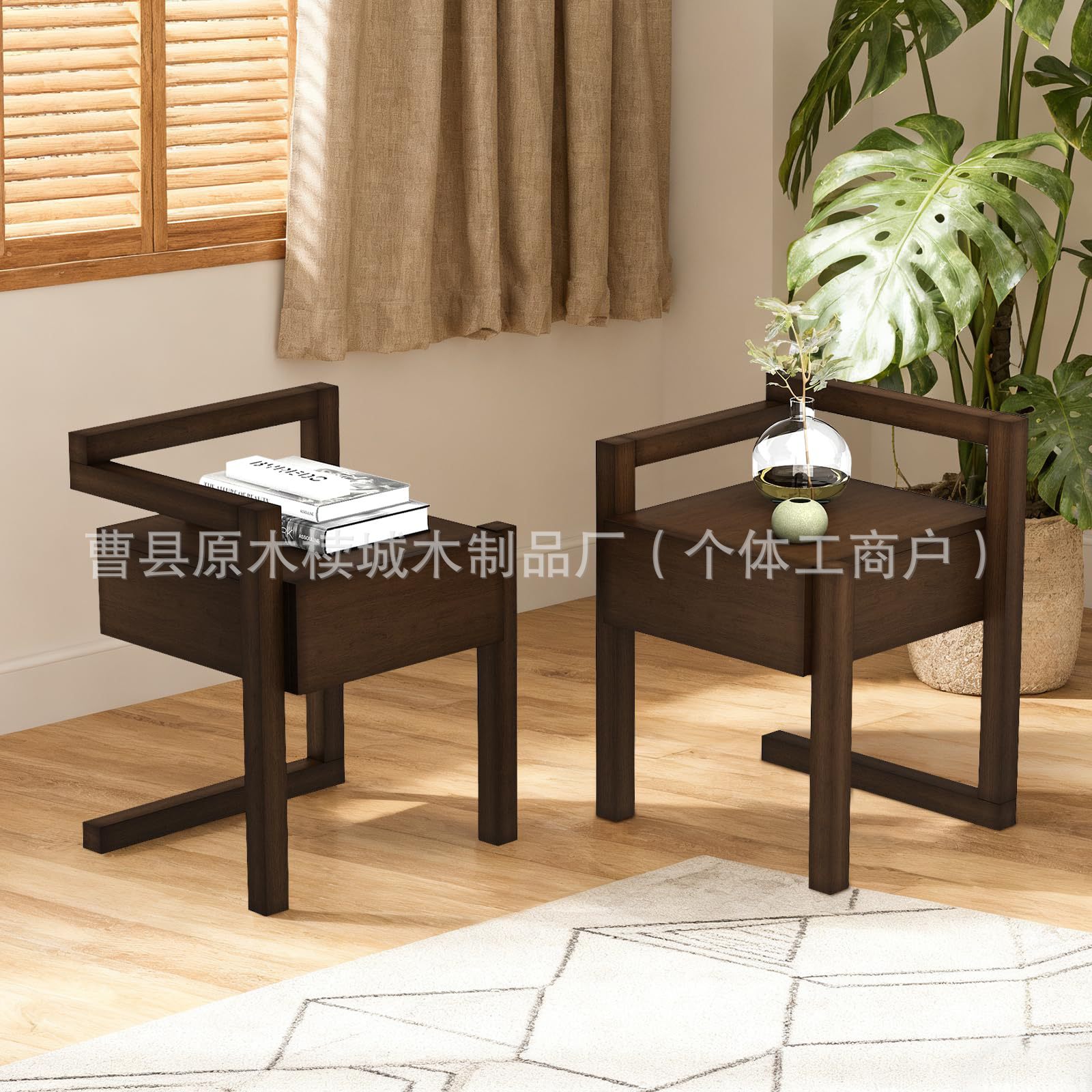 木质跨境边几盆栽置物架艺术品装饰架展示架带抽屉客厅边几床头柜
