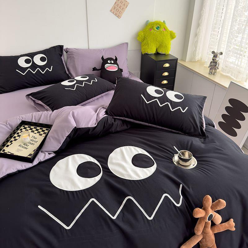紫色148怪兽卡水洗四通件套可爱小贴布绣被套床单床笠款宿棉舍三