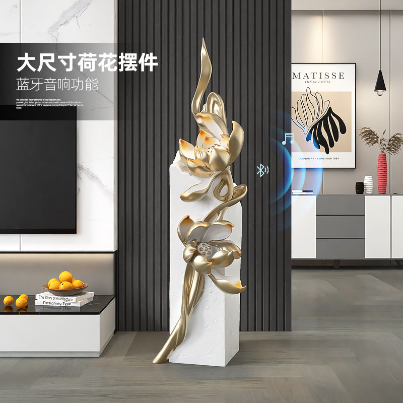 玄关雕塑现代简约荷花落地摆件客厅电视柜沙发旁家居装饰品新中式