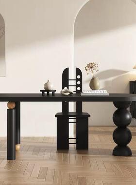 书式WRA复古实木法餐桌半圆形家用小户型黑色创意饭桌厅餐桌桌客