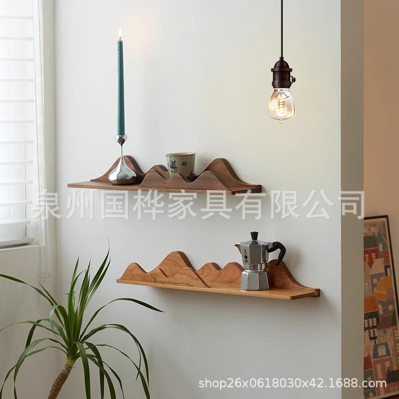 见山黑胡桃木一字隔板置物架墙上山形装饰置物板樱桃木壁挂收纳架