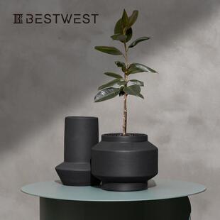 Bestwest黑色直筒陶瓷釉面花瓶花盆家居软装样板间装饰品花器