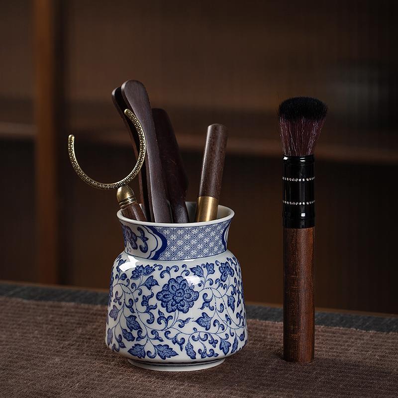 青花瓷缠枝莲茶道六君子配件大全喝茶用品夹子刷子茶台桌泡茶工具