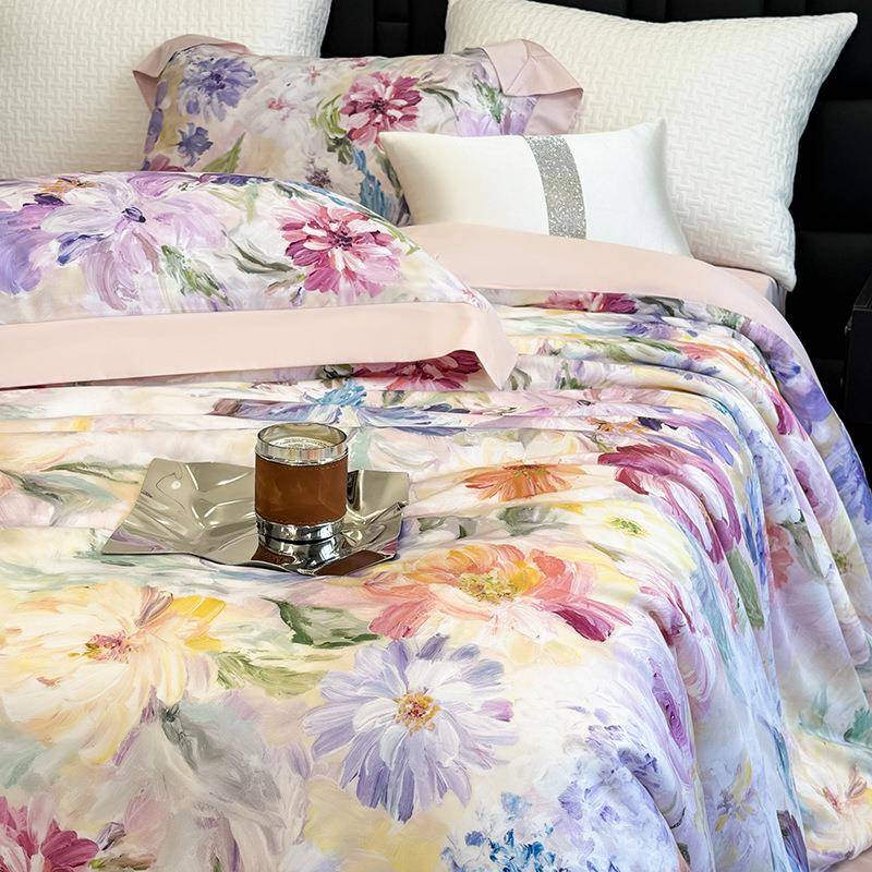 美S式田园风6套0QJ超细旦天丝四件套夏季款冰凉感印花丝被裸睡床